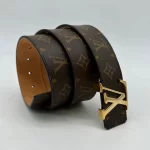 Louis Vuitton LV Men's Belt in Classic Monogram Brown with Gold Buckle, Size 90