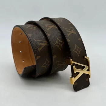 Louis Vuitton LV Men's Belt in Classic Monogram Brown with Gold Buckle, Size 90